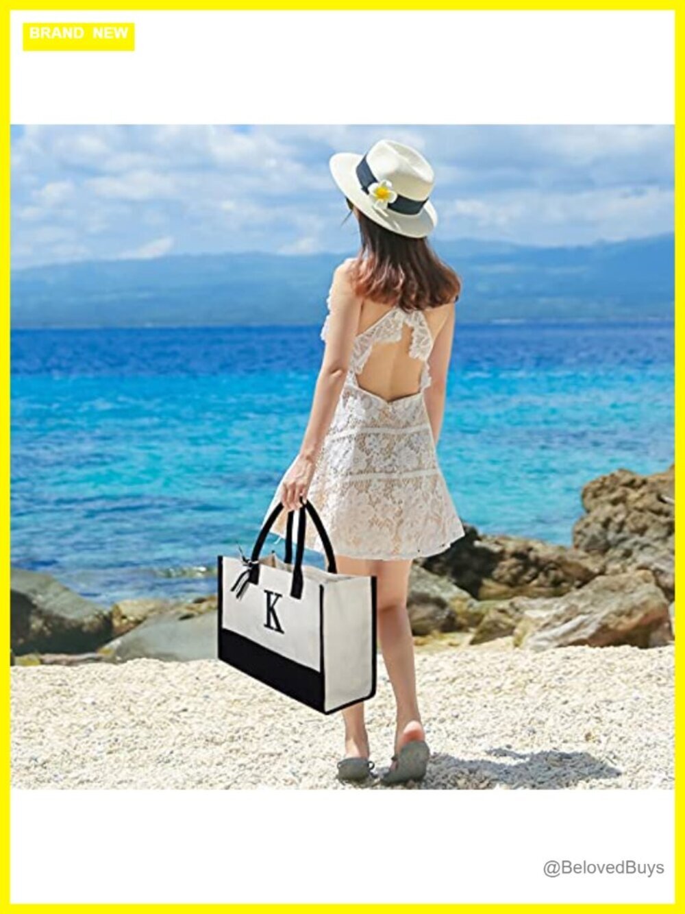 Personalized Initial Canvas Beach Bag Monogrammed Tote - Picture 2 of 7